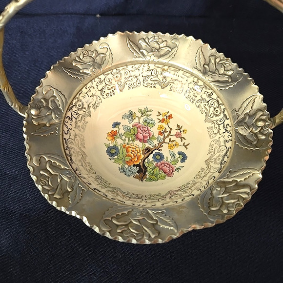 VTG Farber & Shlevin Aluminum and Porcelain Floral Brides Basket Candy Dish - Picture 3 of 8